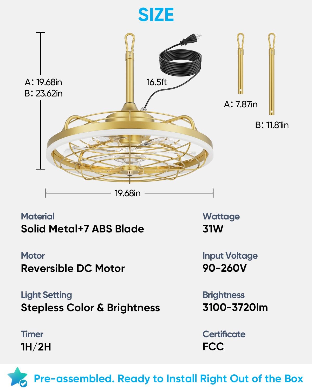 20" Gold Outdoor Ceiling Fan with Light T289