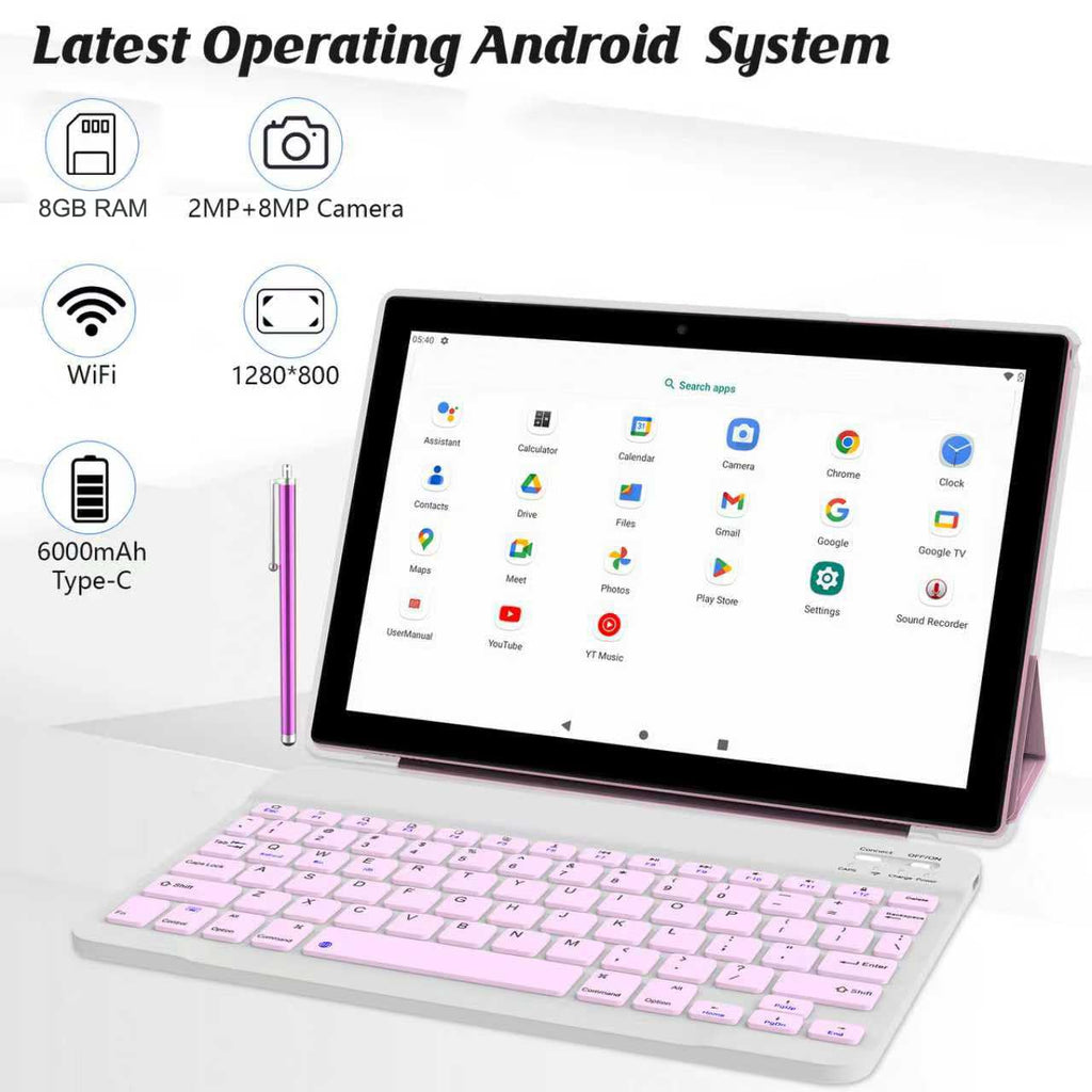 10 Inch Android Tablet with Keyboard Mouse Case Stylus Pink J3994