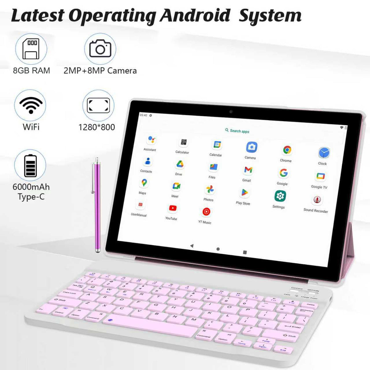10 Inch Android Tablet with Keyboard Mouse Case Stylus Pink J3994