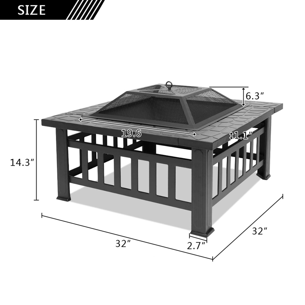Black 32" Wood Burning Fire Pit Table with Grate, Poker and Spark Screen Cover V376