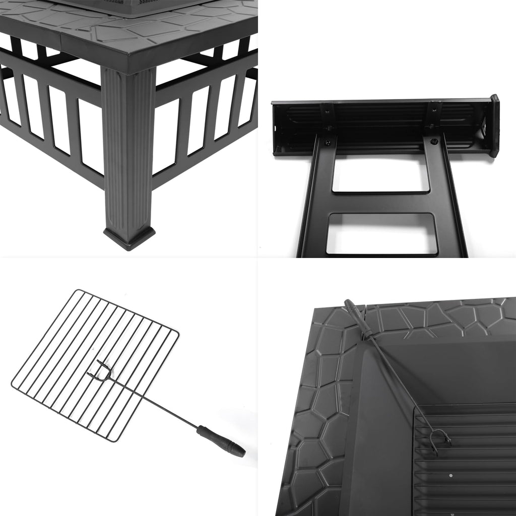 Black 32" Wood Burning Fire Pit Table with Grate, Poker and Spark Screen Cover V376