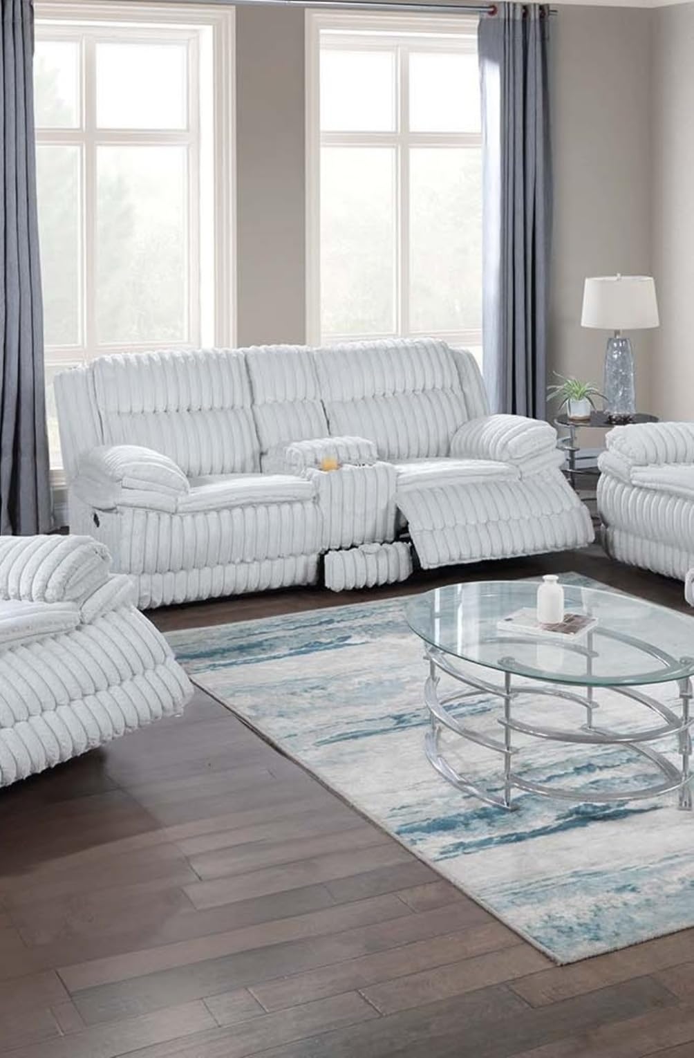 Light Gray Corduroy Loveseat Recliner with Console Drawer X324