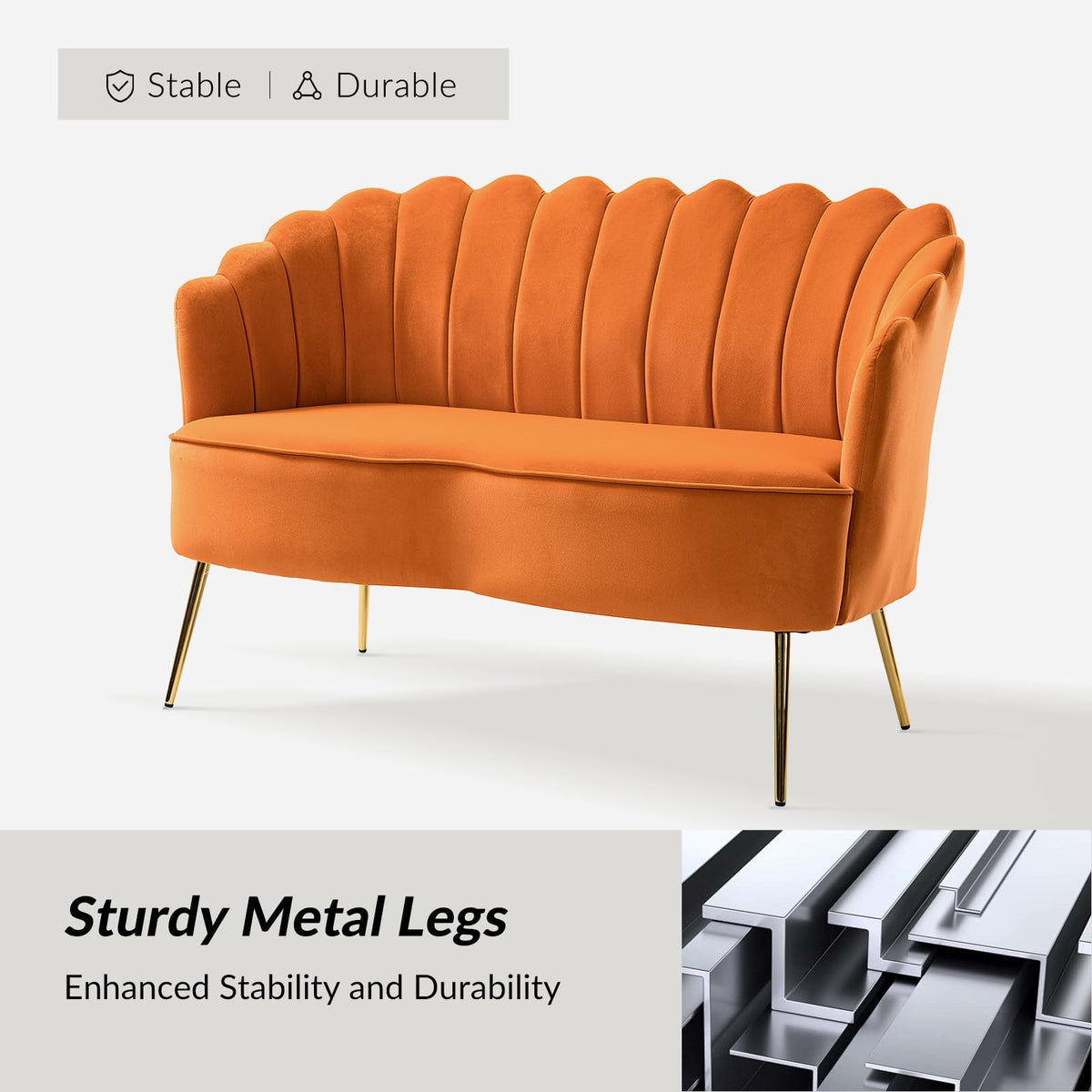 Orange Velvet 2-Seater Loveseat Sofa with Gold Metal Legs K235654