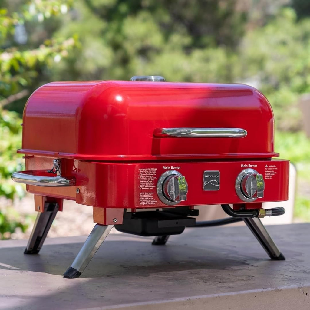 Portable Propane Gas Grill with Warming Rack, 2 Stainless Steel Burners, 14,000 BTUs, Red H5548