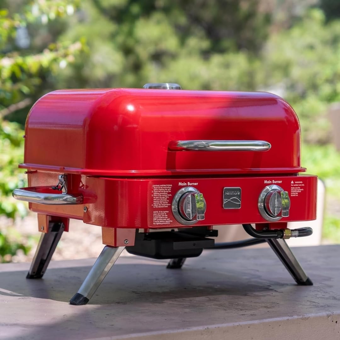 Portable Propane Gas Grill with Warming Rack, 2 Stainless Steel Burners, 14,000 BTUs, Red H5548