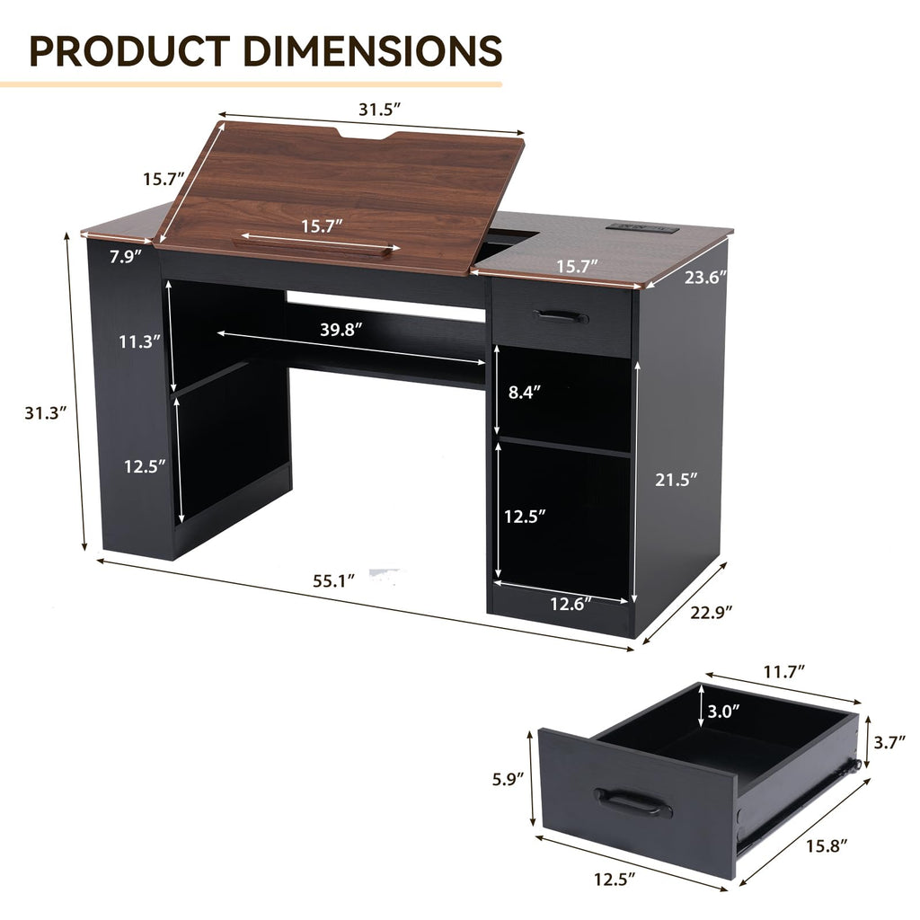 55.1" Black Drafting Table F488617