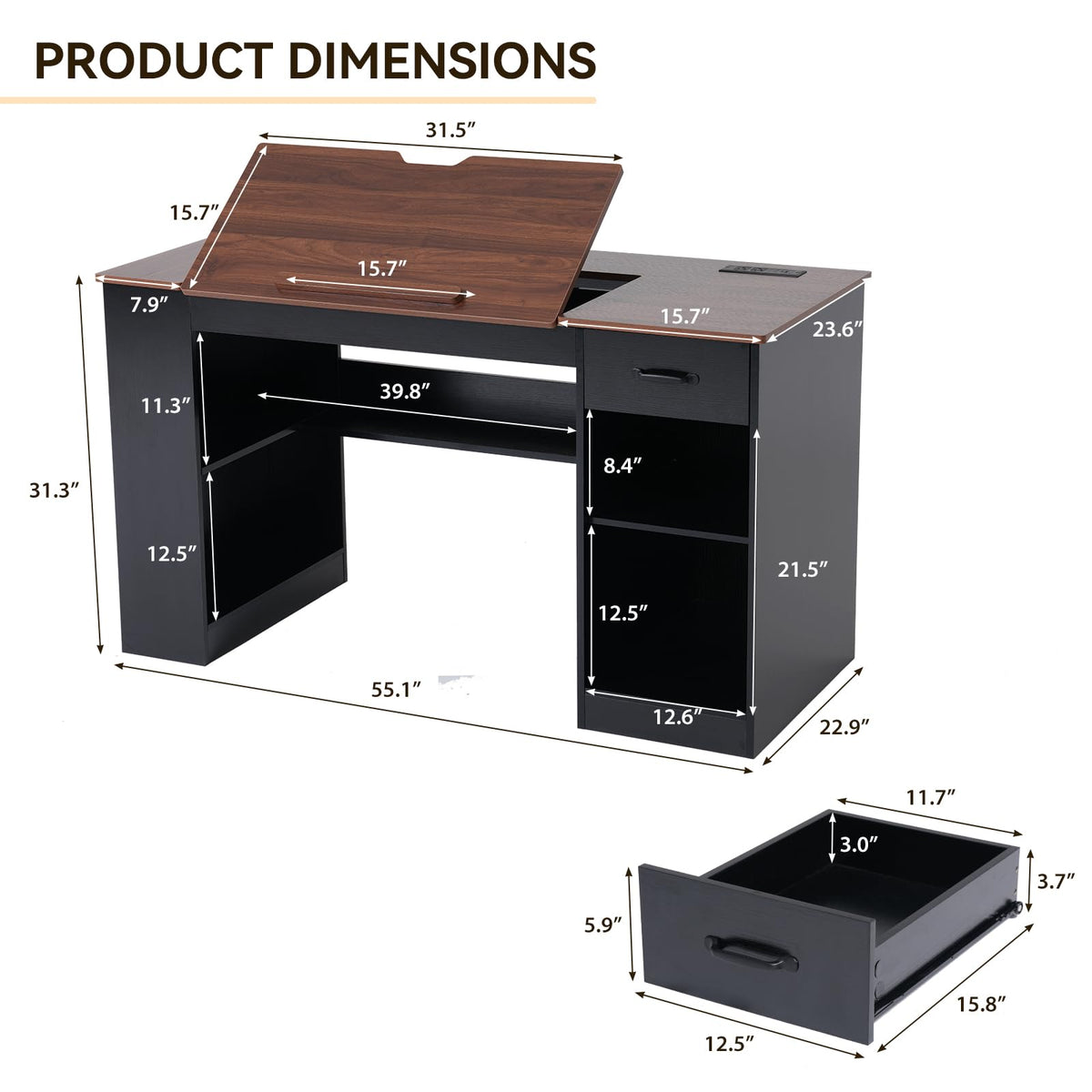 55.1" Black Drafting Table F488617