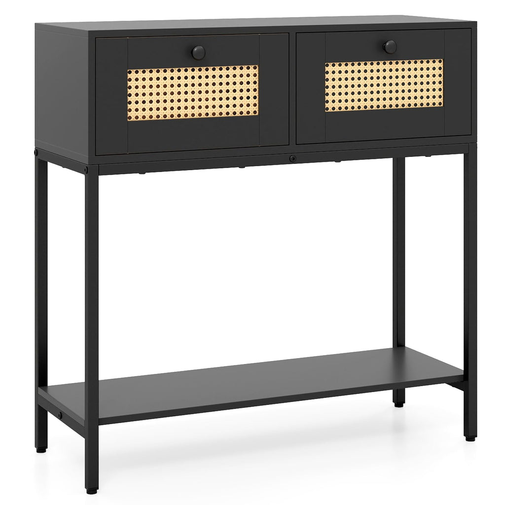Rattan Console Table with Two Drawers and Open Storage Shelf J485