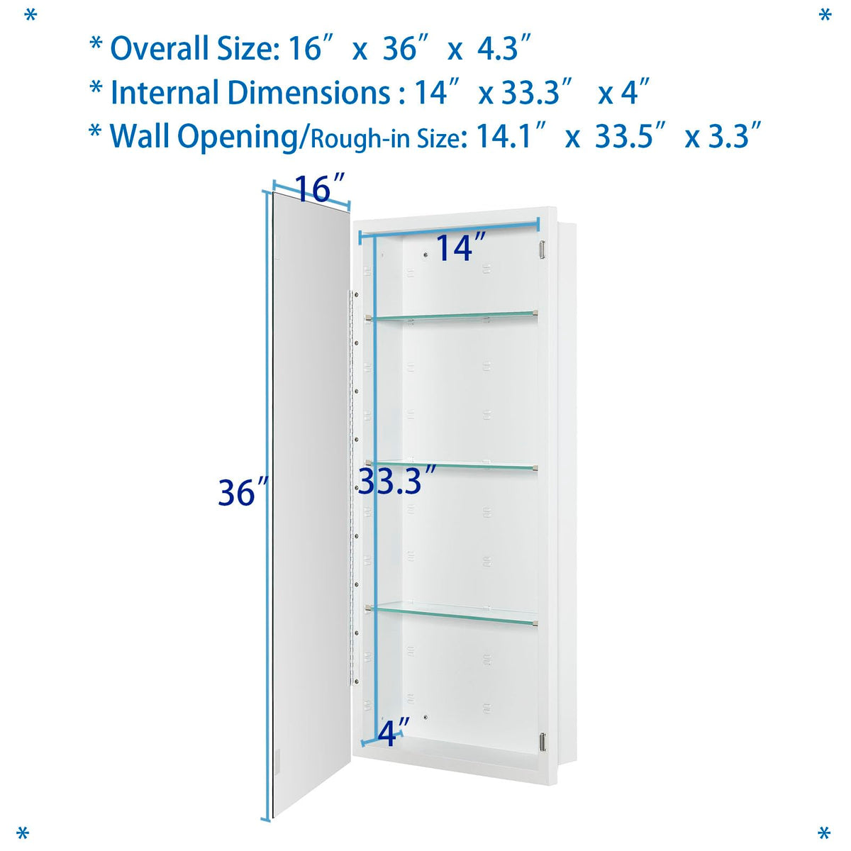 Bathroom Medicine Cabinet with Beveled Edge Mirrored Door 16 x 36 inch H40649