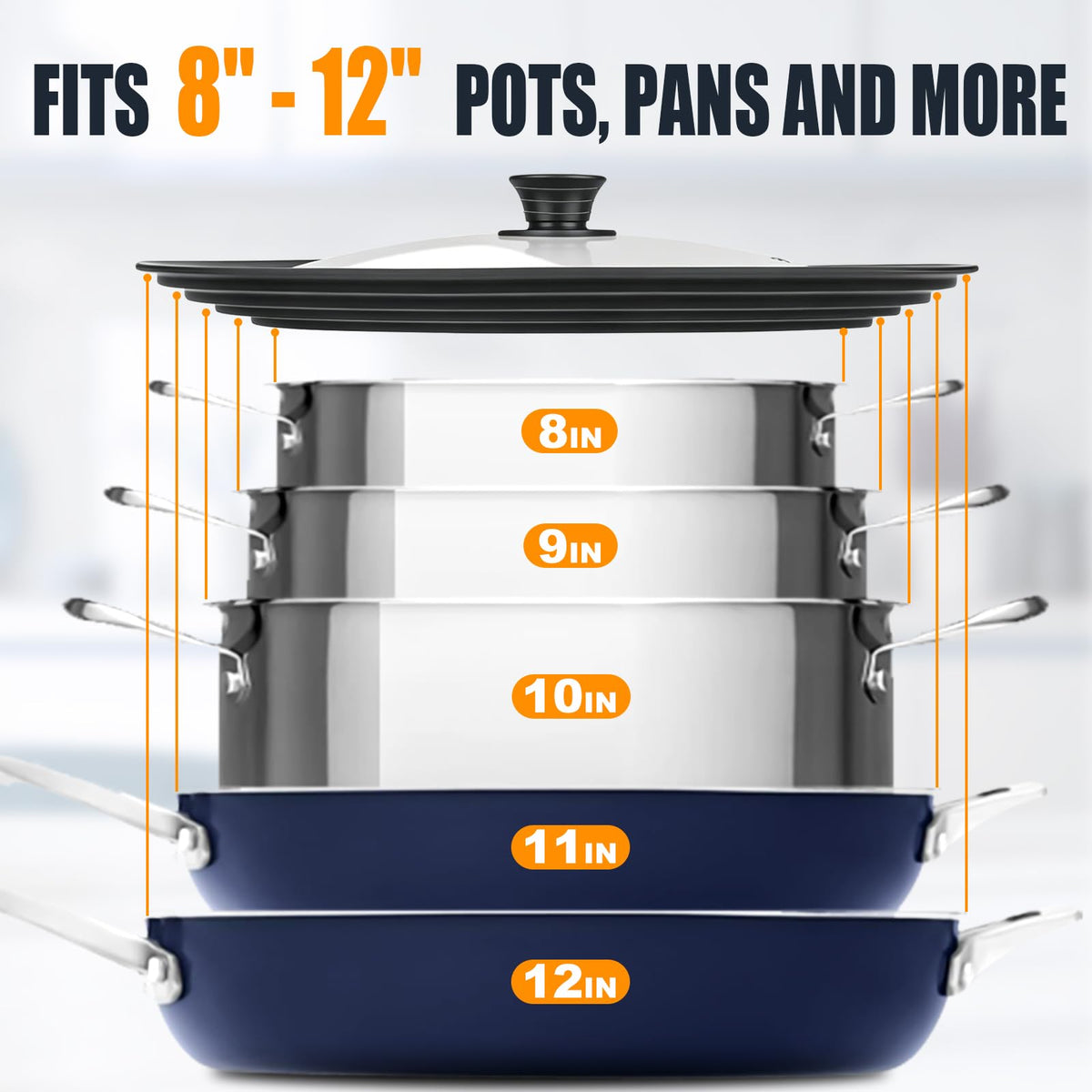 Universal Pan Lid with Heat Resistant Silicone Rim and Tempered Glass, Fits 8" to 12" Cookware C872