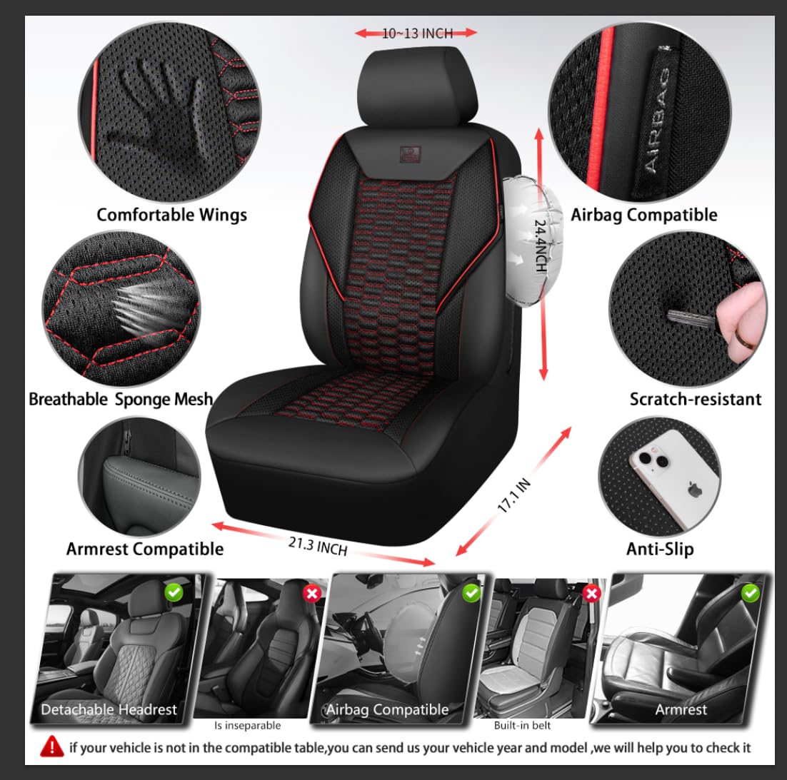 3D Foam Mesh Faux Leather Car Seat Covers Full Set, Black and Red O146950