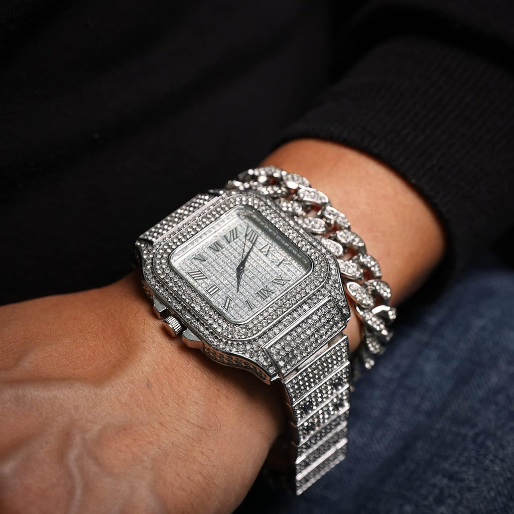Men's Watch 18K Gold Platinum Plated 40MM Square Dial Diamond Wristband N30267