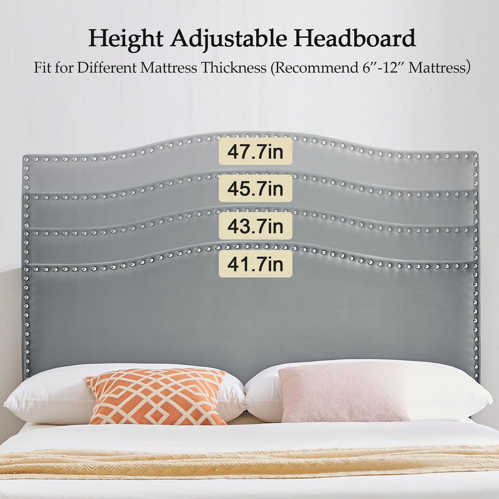 Full Bed Frame with Upholstered Headboard and Wooden Slats, Dark Grey B50886