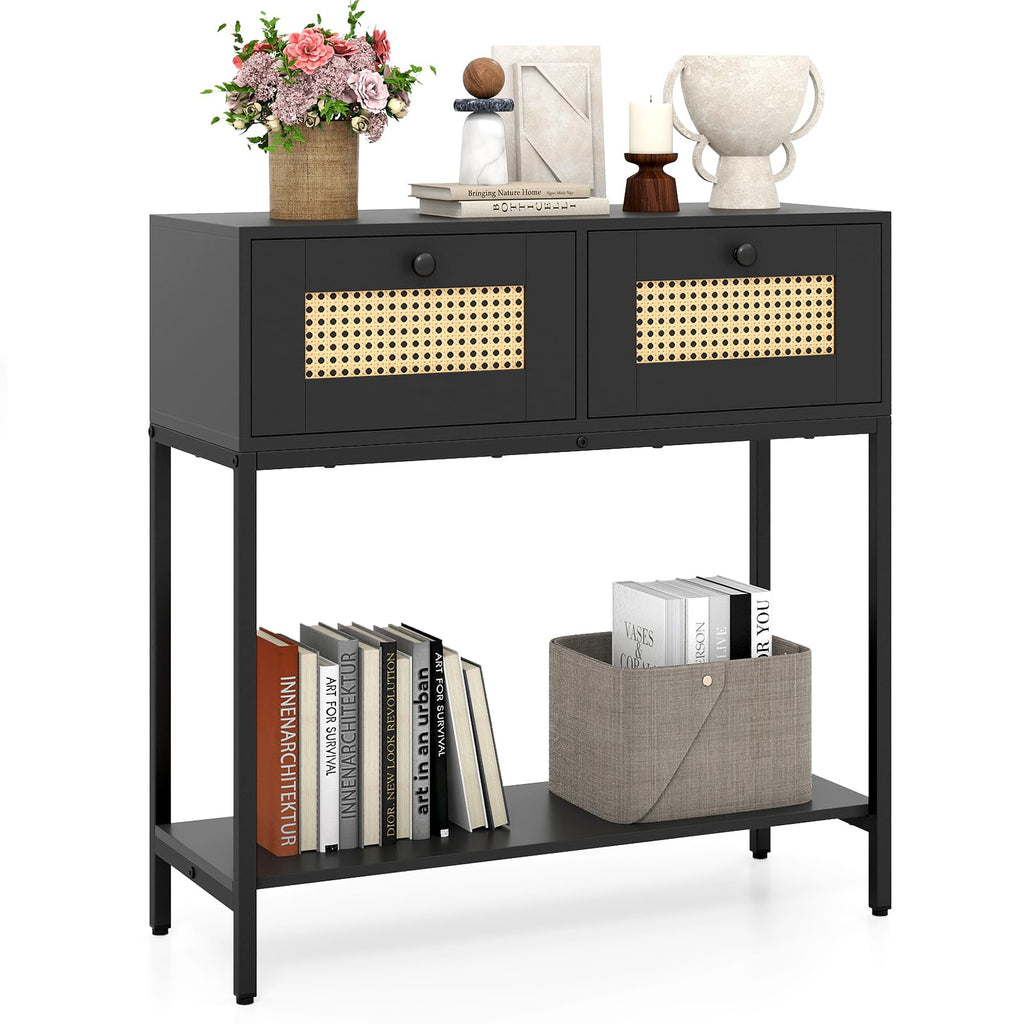 Rattan Console Table with Two Drawers and Open Storage Shelf J485