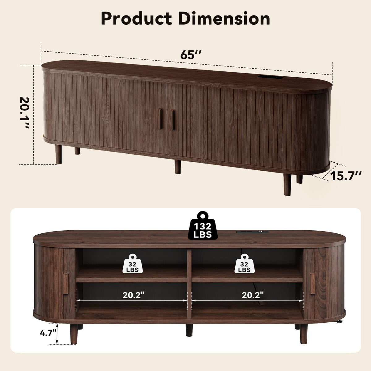 65" Walnut Wood TV Stand with Power Outlet and Sliding Doors R7162