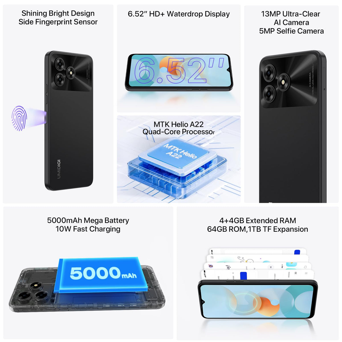 Unlocked Cell Phone Android Smartphone 6.52" Full Screen 5000mAh Black D544129