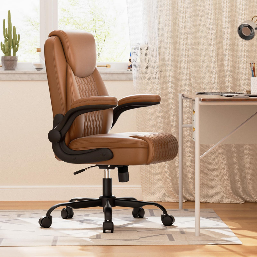 Brown PU Leather Office Chair with Flip-up Arms I550012