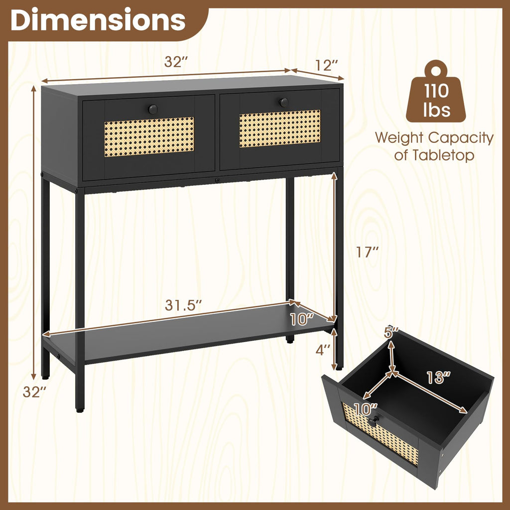 Rattan Console Table with Two Drawers and Open Storage Shelf J485