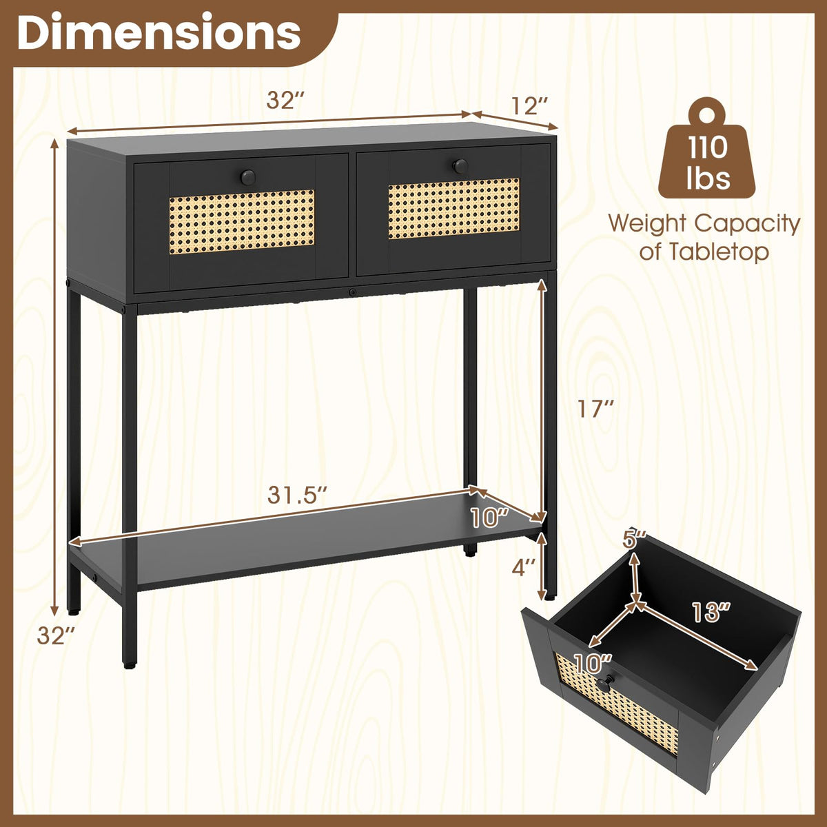 Rattan Console Table with Two Drawers and Open Storage Shelf J485