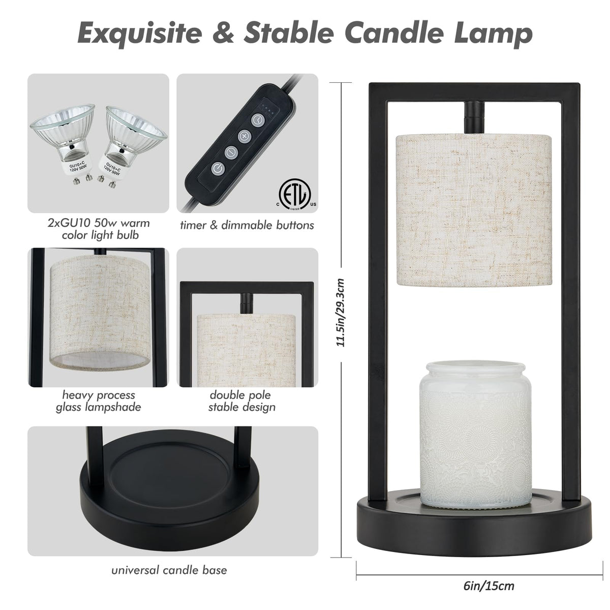Black Candle Warmer Lamp with Timer, Linen Fabric Shade, 3-Level Dimmable A732632