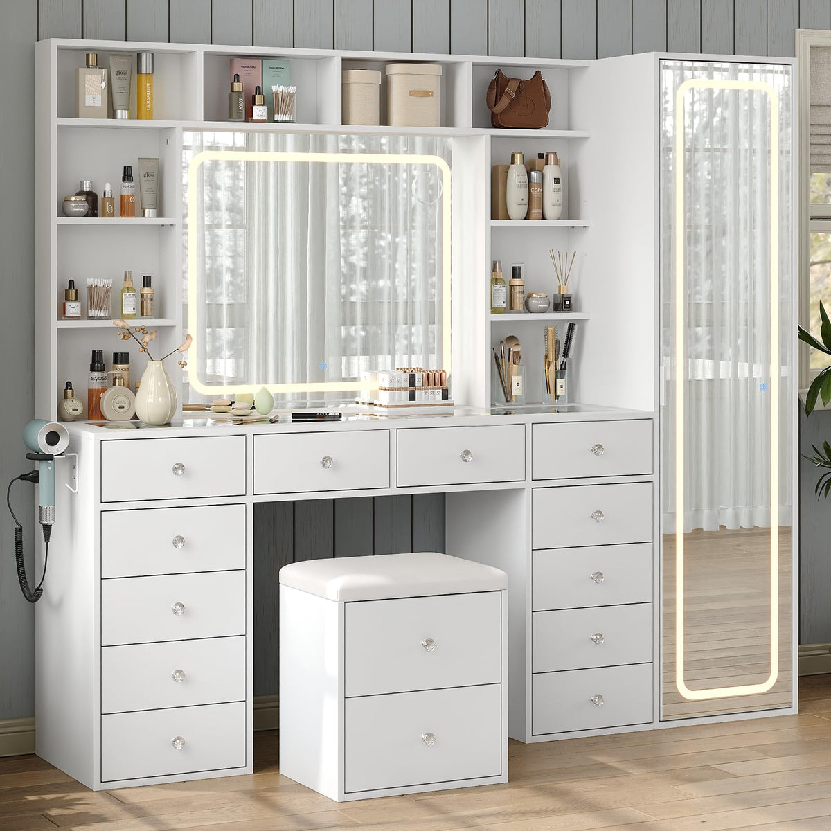 White Vanity Desk with LED Mirror 14 Drawers 10 Shelves R2978