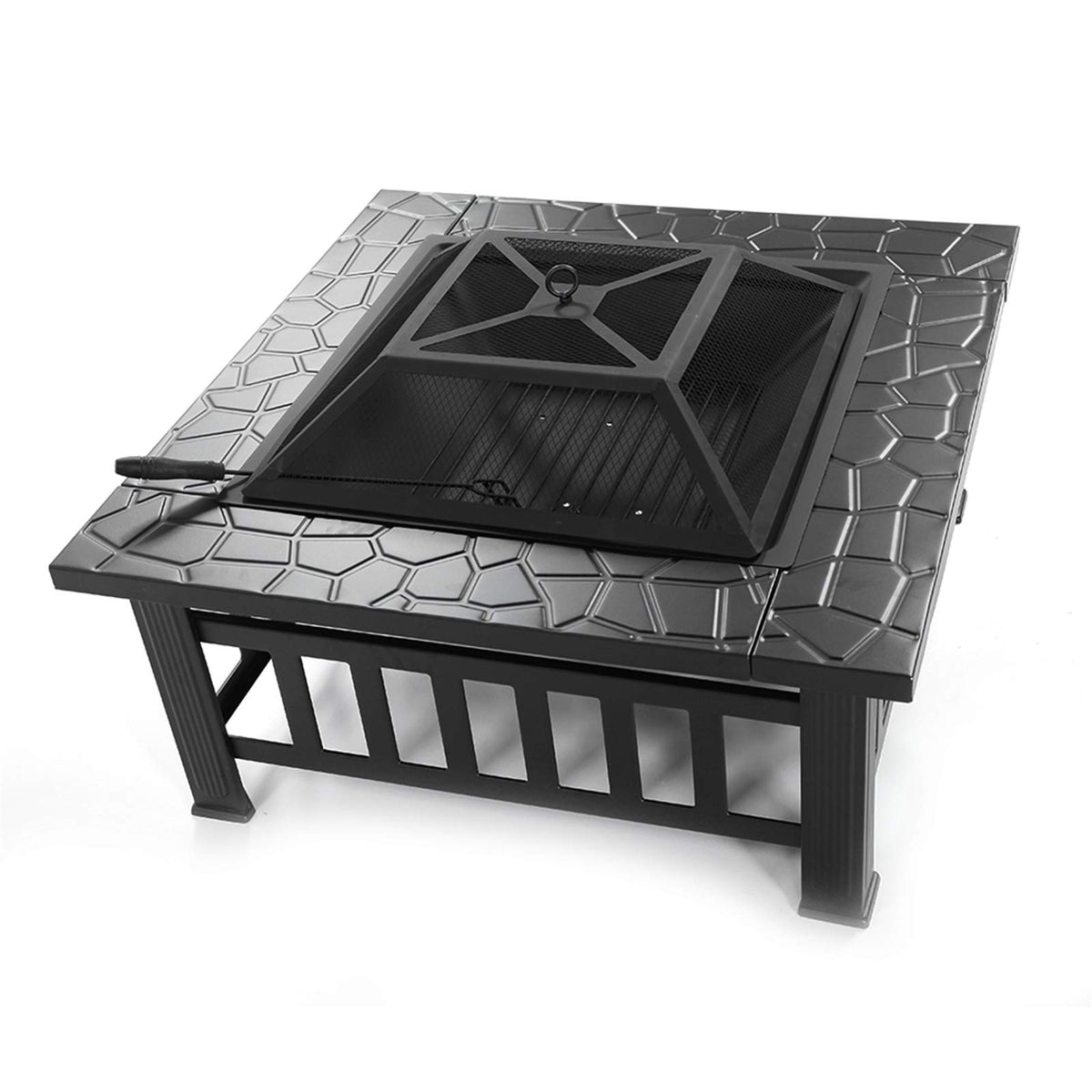 Black 32" Wood Burning Fire Pit Table with Grate, Poker and Spark Screen Cover V376