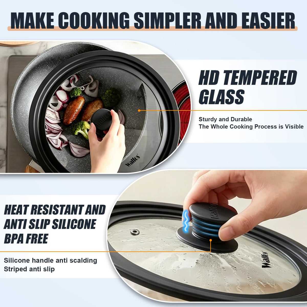 Universal Pan Lid with Heat Resistant Silicone Rim and Tempered Glass, Fits 8" to 12" Cookware C872