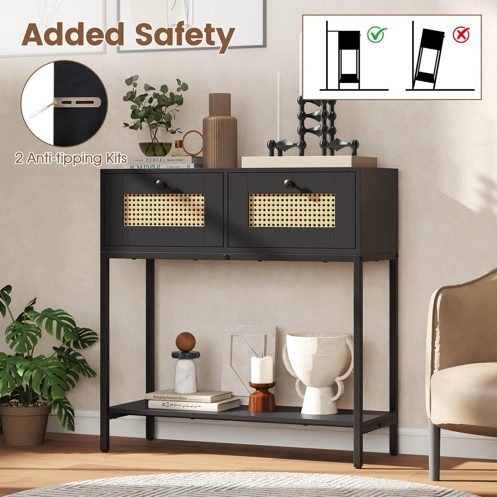Rattan Console Table with Two Drawers and Open Storage Shelf J485