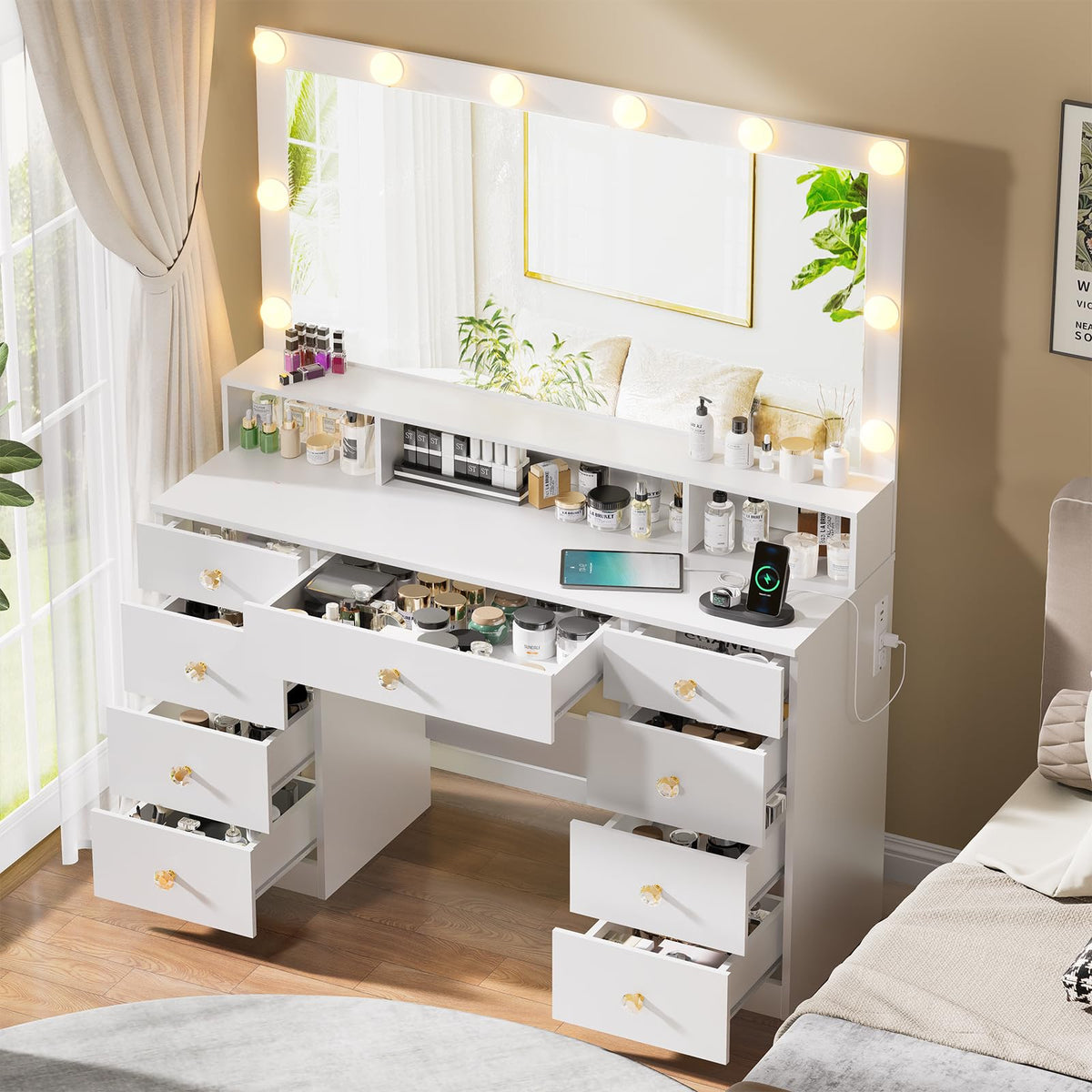 White 9 Drawer Vanity with Lighted Mirror S919062