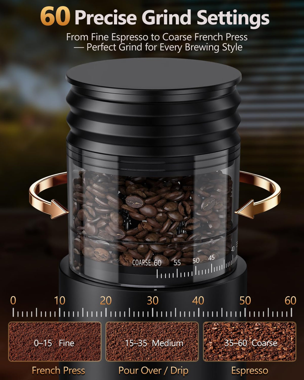 Rechargeable Conical Burr Coffee Grinder with 60 Grind Settings K344