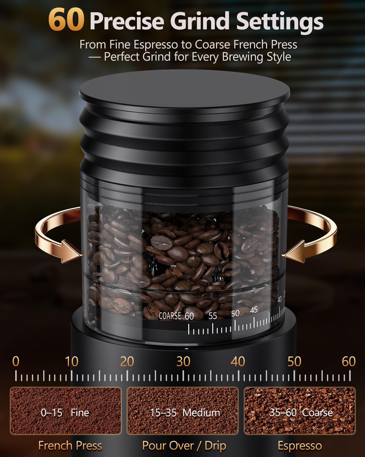 Rechargeable Conical Burr Coffee Grinder with 60 Grind Settings K344