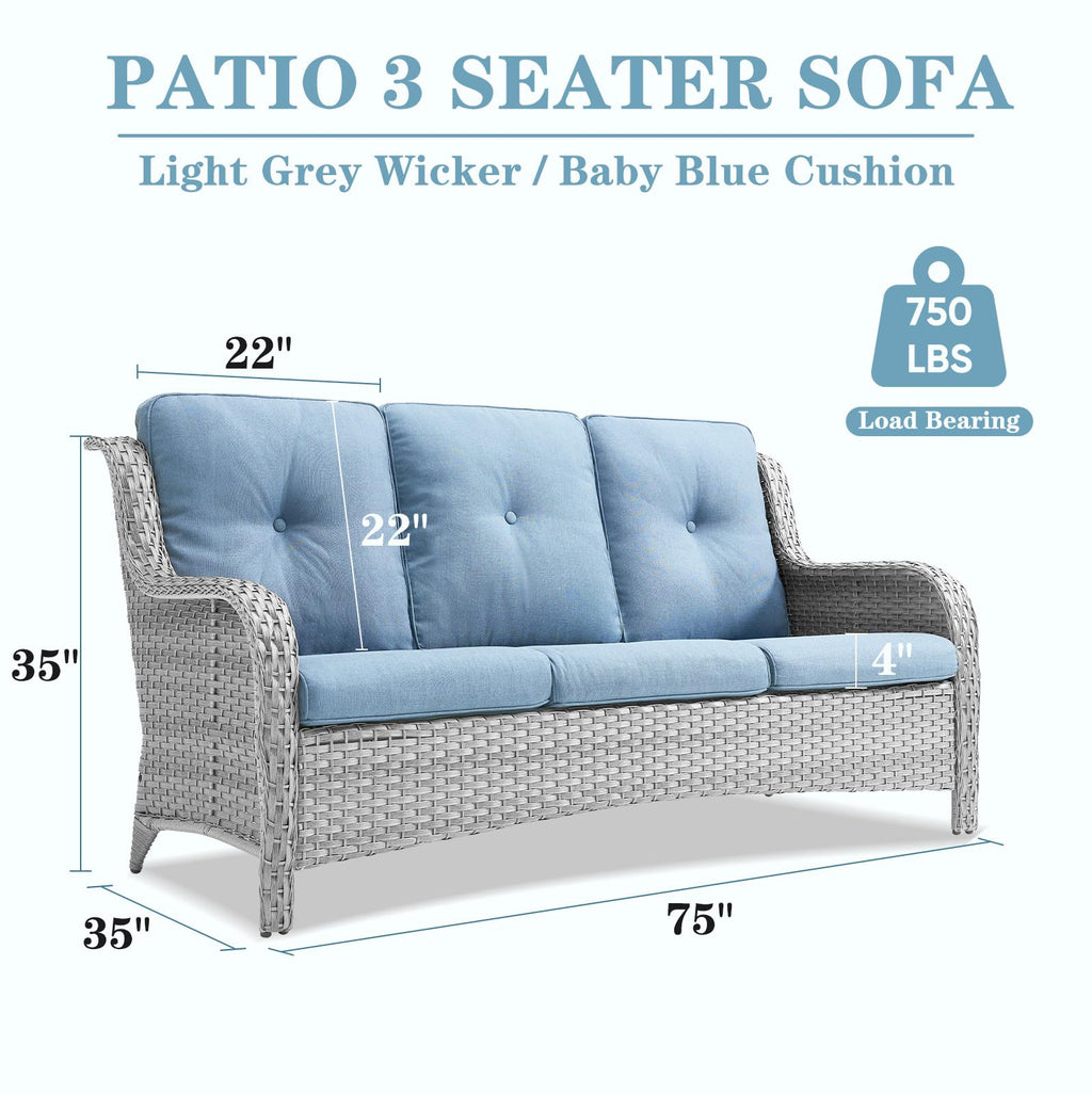 Light Gray Baby Blue Wicker 3-Seat Outdoor Sofa A63518