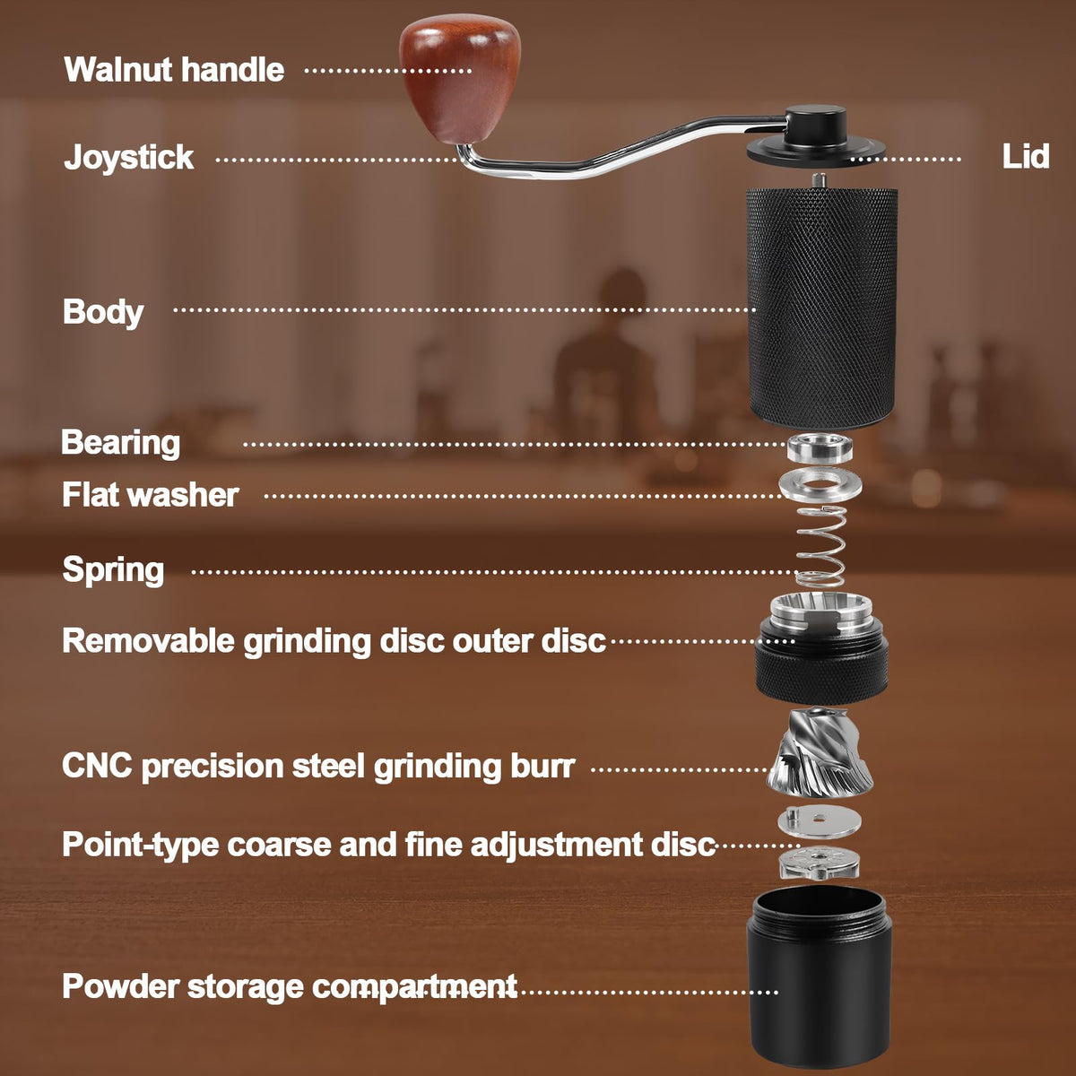 Manual Coffee Grinder Detachable Stainless Steel Conical Burr Black G877
