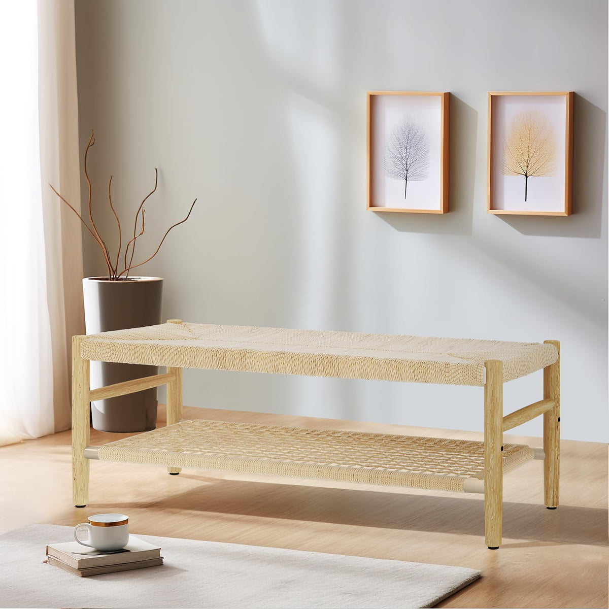 Indoor Entryway Bench with Storage Rack and Rubber Wood Legs D28794
