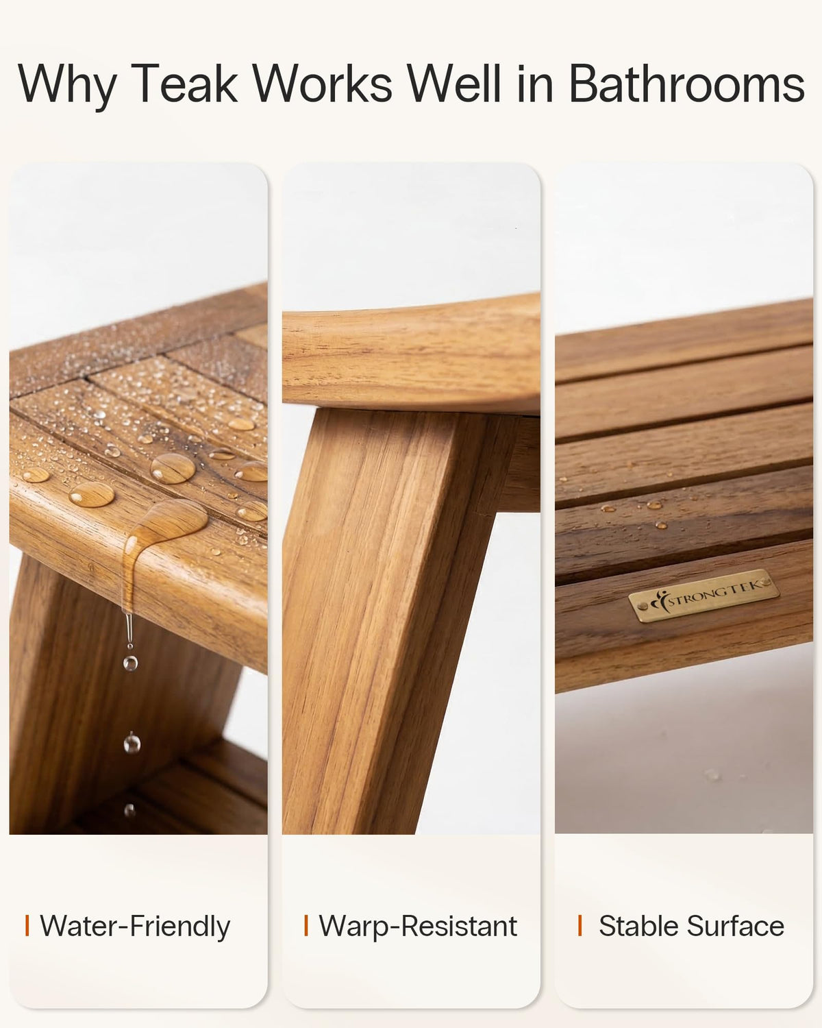 Teak Shower Stool with Shelf, 18 in, 400 lb Capacity S842