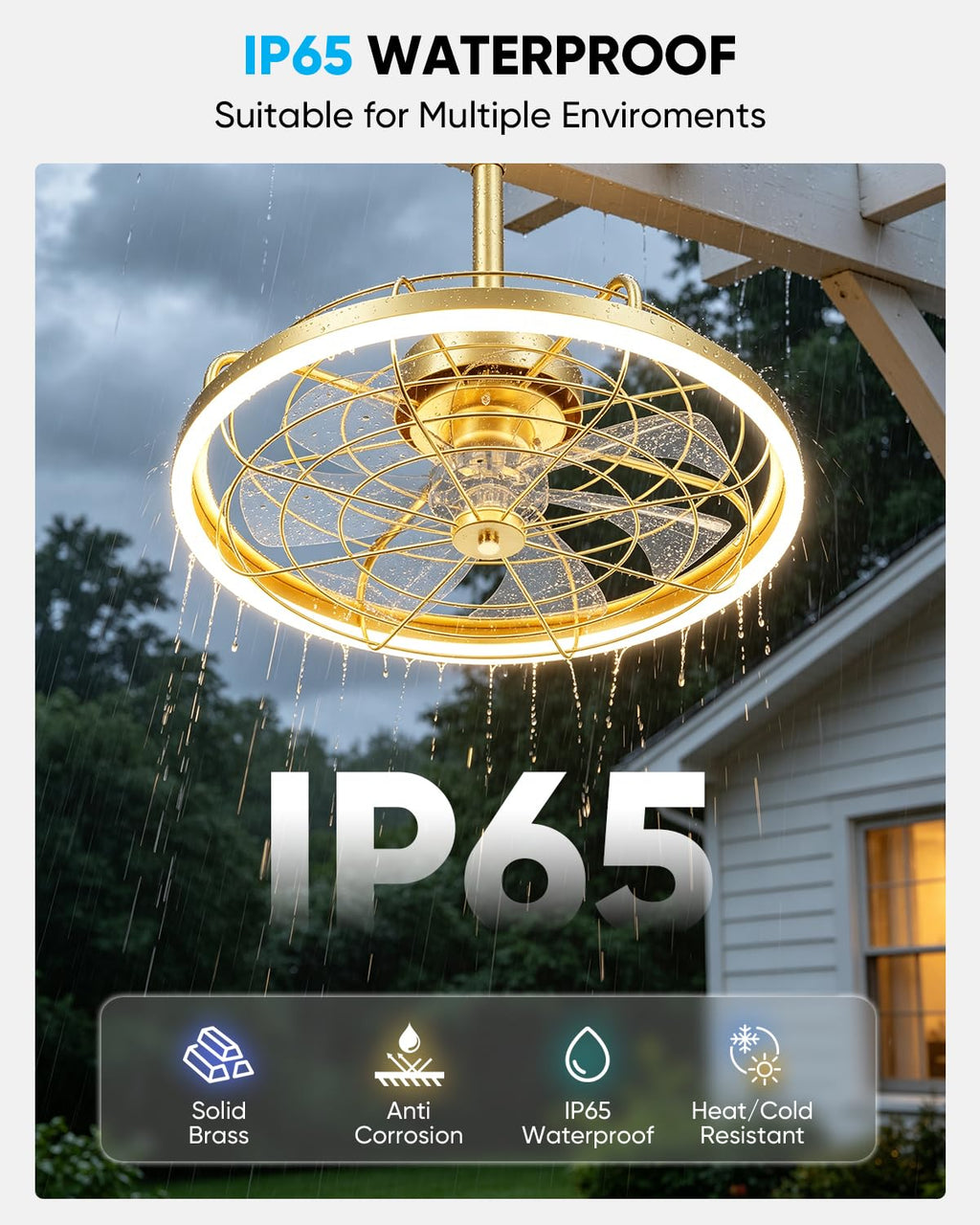 20" Gold Outdoor Ceiling Fan with Light T289