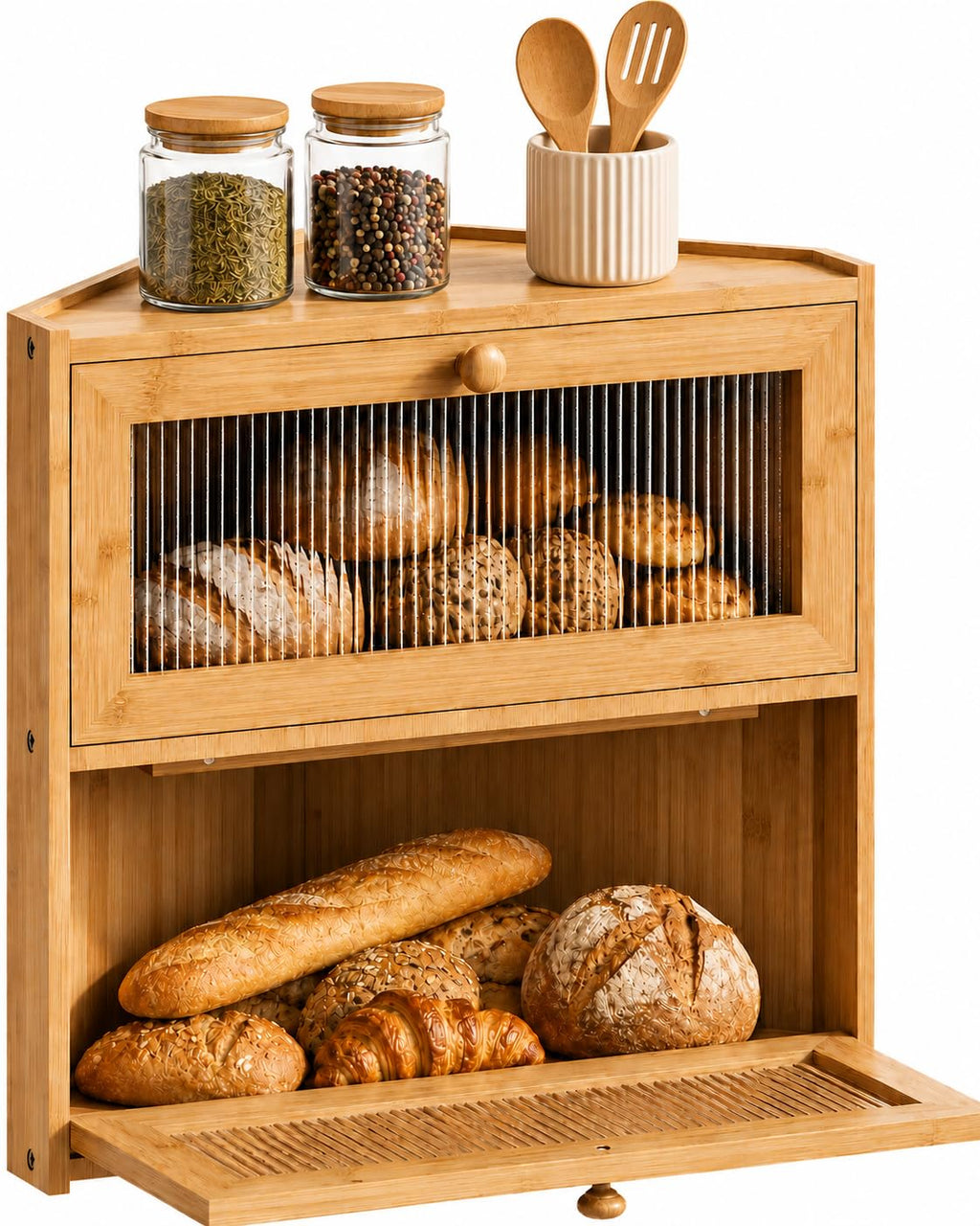 Double Layer Bamboo Bread Box with Wavy Windows A4704
