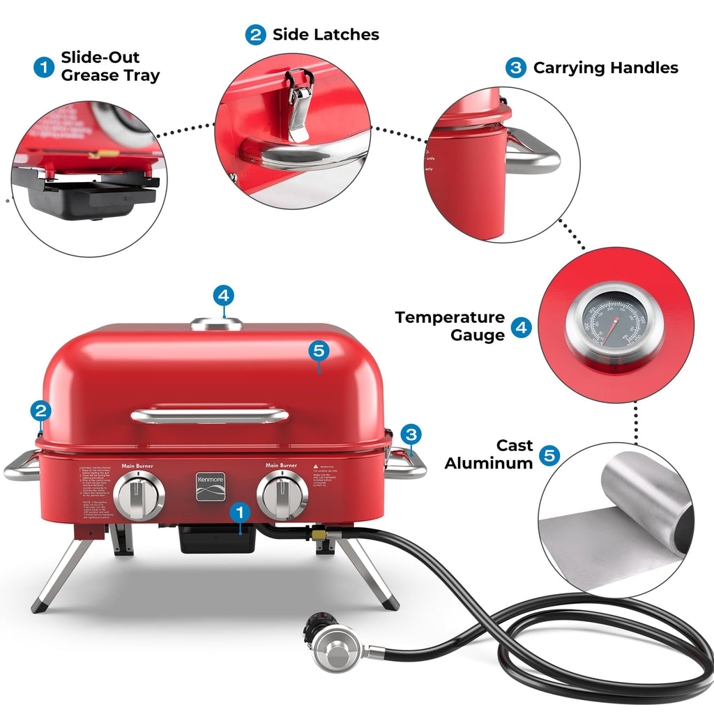 Portable Propane Gas Grill with Warming Rack, 2 Stainless Steel Burners, 14,000 BTUs, Red H5548