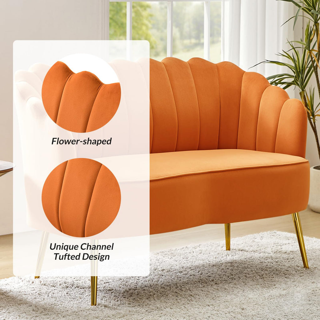 Orange Velvet 2-Seater Loveseat Sofa with Gold Metal Legs K235654