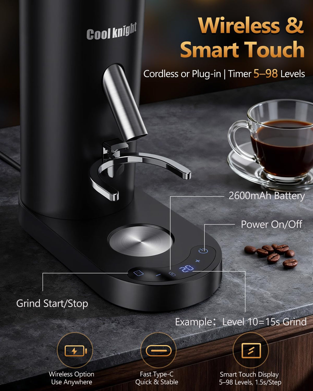 Rechargeable Conical Burr Coffee Grinder with 60 Grind Settings K344