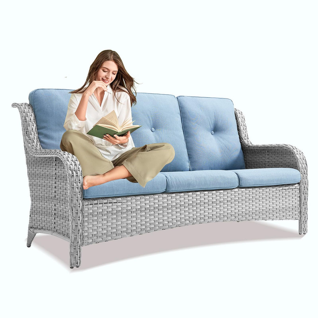 Light Gray Baby Blue Wicker 3-Seat Outdoor Sofa A63518