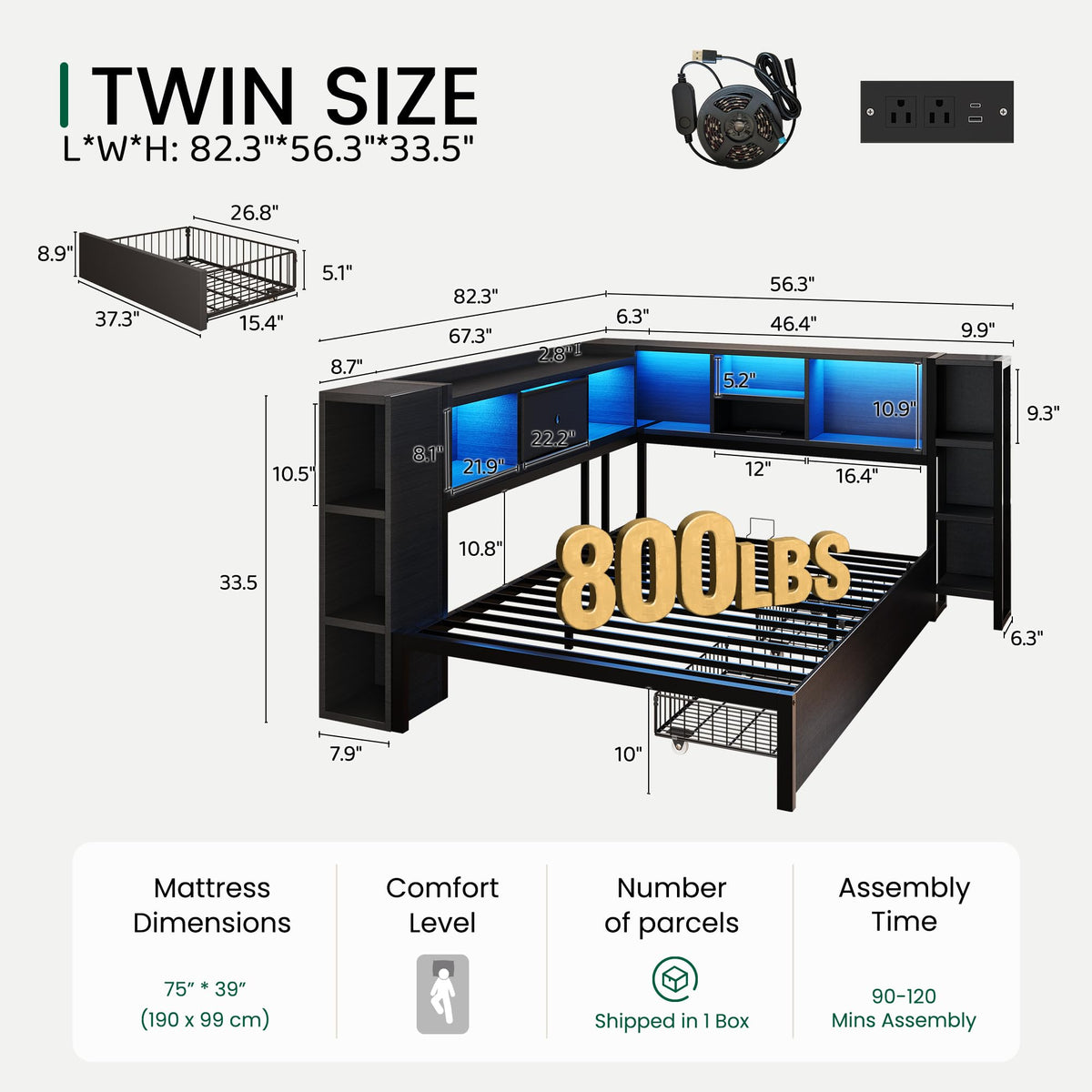 Twin Size Corner Bed Frame with Storage Drawers and Bookcase Headboard V845