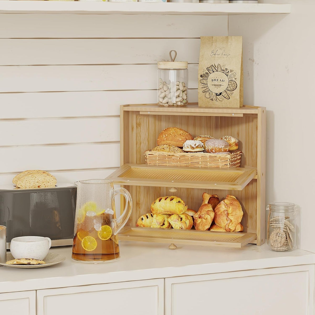 Double Layer Bamboo Bread Box with Wavy Windows A4704