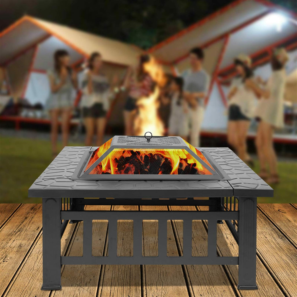 Black 32" Wood Burning Fire Pit Table with Grate, Poker and Spark Screen Cover V376