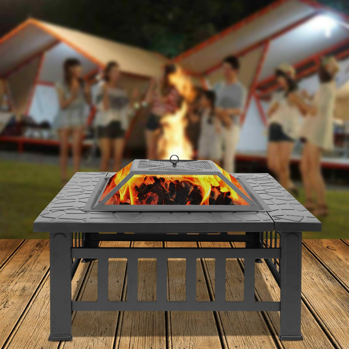 Black 32" Wood Burning Fire Pit Table with Grate, Poker and Spark Screen Cover V376