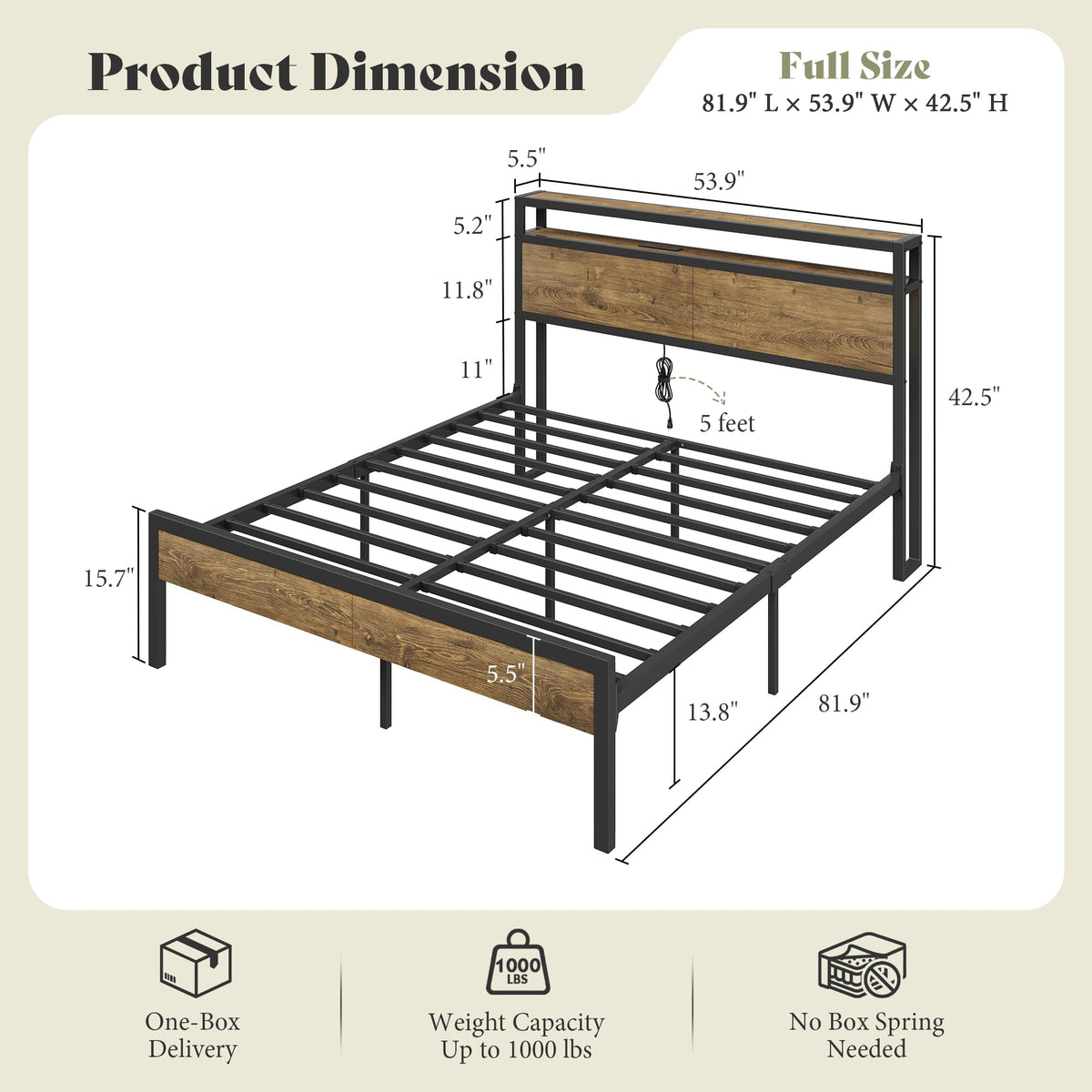 Full Size Metal Bed Frame with Charging Station U345