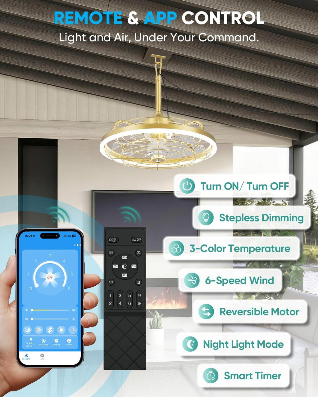 20" Gold Outdoor Ceiling Fan with Light T289