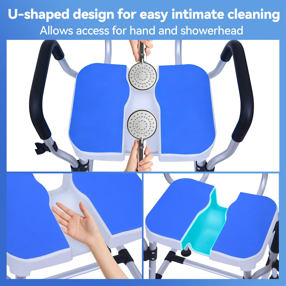 U-Shaped Shower Chair, 400 lbs Capacity, Adjustable Height, Blue M259