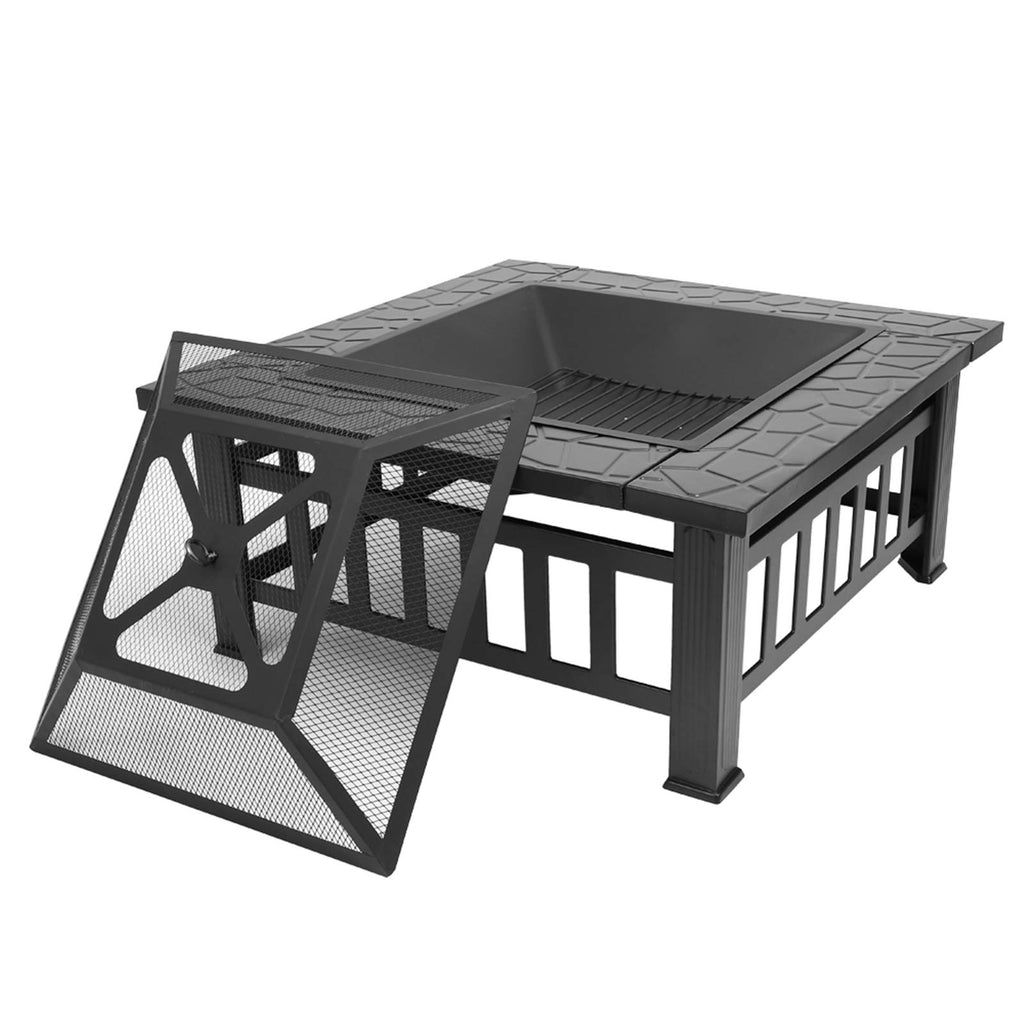 Black 32" Wood Burning Fire Pit Table with Grate, Poker and Spark Screen Cover V376
