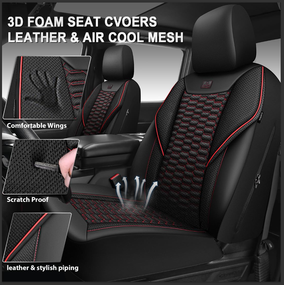 3D Foam Mesh Faux Leather Car Seat Covers Full Set, Black and Red O146950